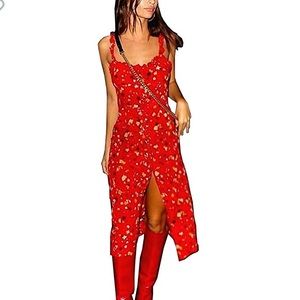 Red long summer/spring flower dress! (Size M)